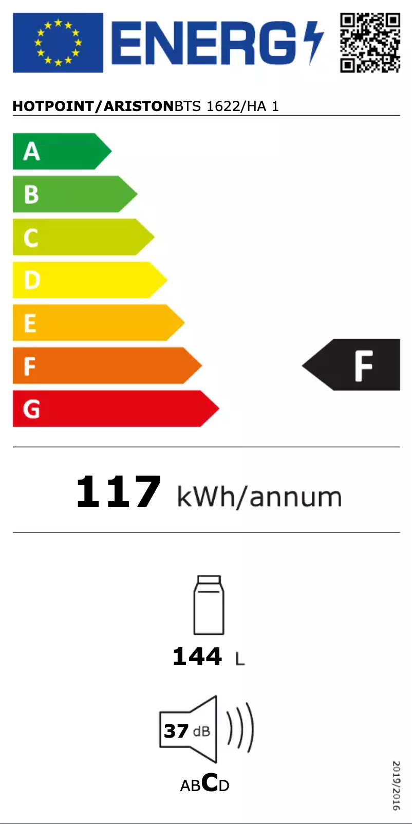 Page 1 of the manual Energy Label Hotpoint BTS 1622/HA 1