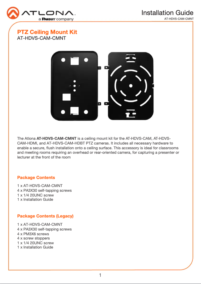 Page 1 de la notice Guide d'installation Atlona AT-HDVS-CAM-CMNT