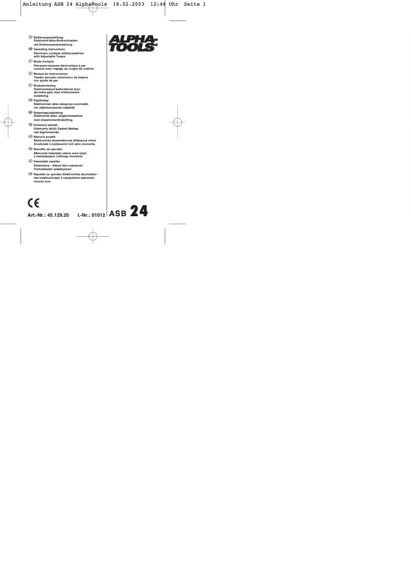 Page 1 de la notice Manuel utilisateur Alpha Tools ASB 24