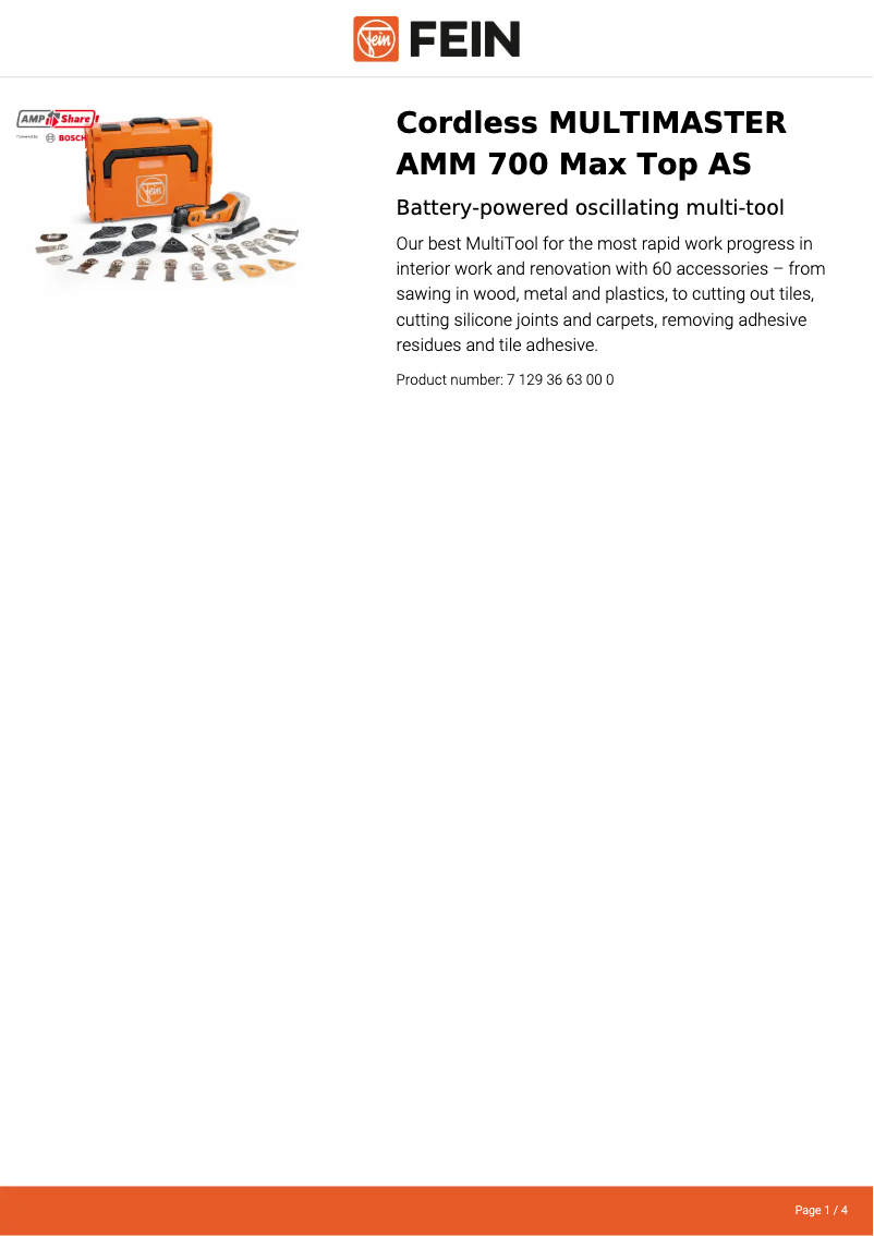Page 1 de la notice Fiche technique Fein Multimaster AMM 700 Max