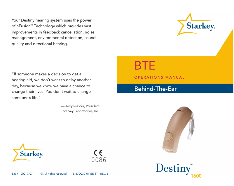 Page 1 de la notice Manuel utilisateur Starkey Destiny 1600 BTE