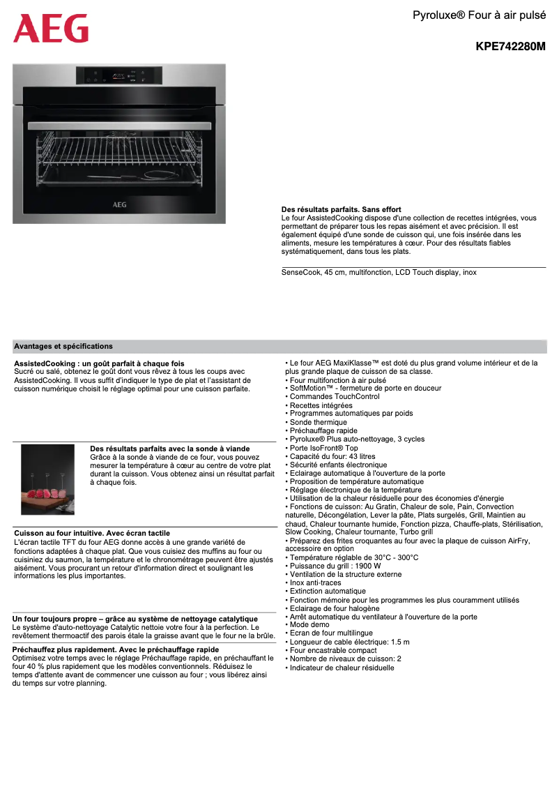 Page 1 de la notice Fiche technique AEG KPE742280M