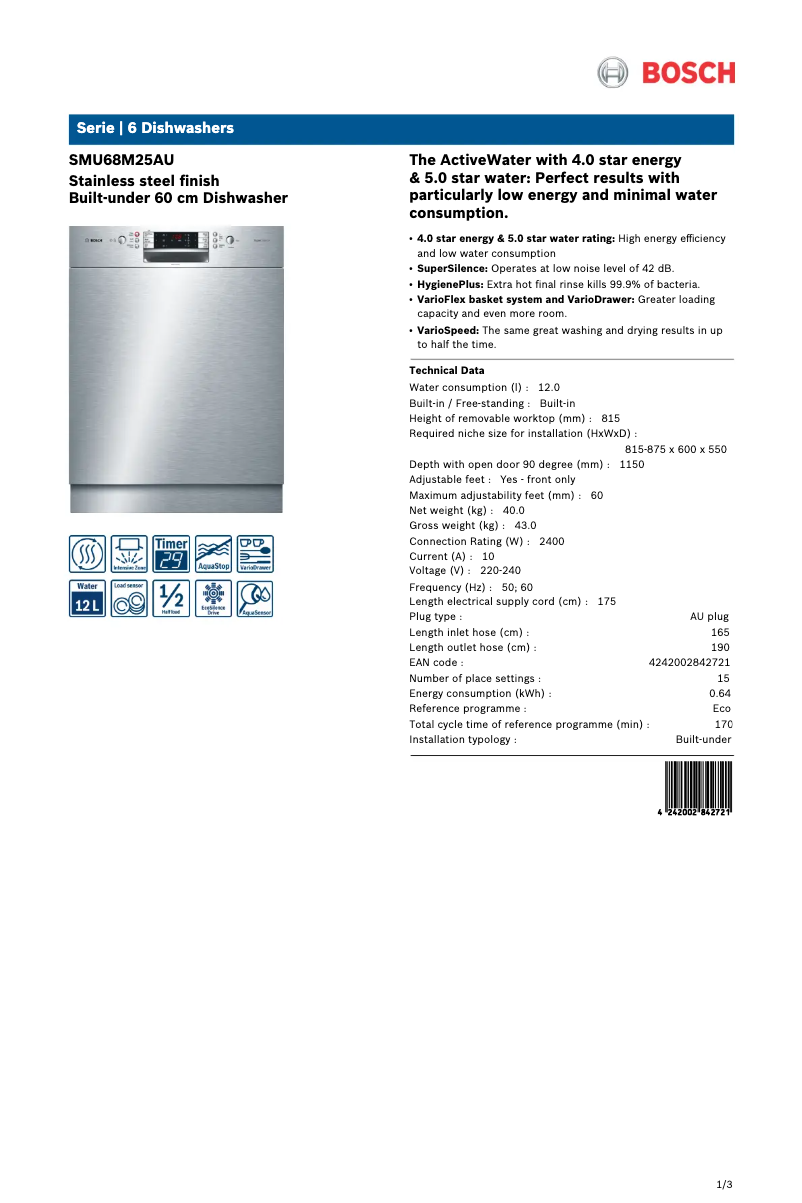 Page 1 de la notice Fiche technique Bosch SMU68M25AU