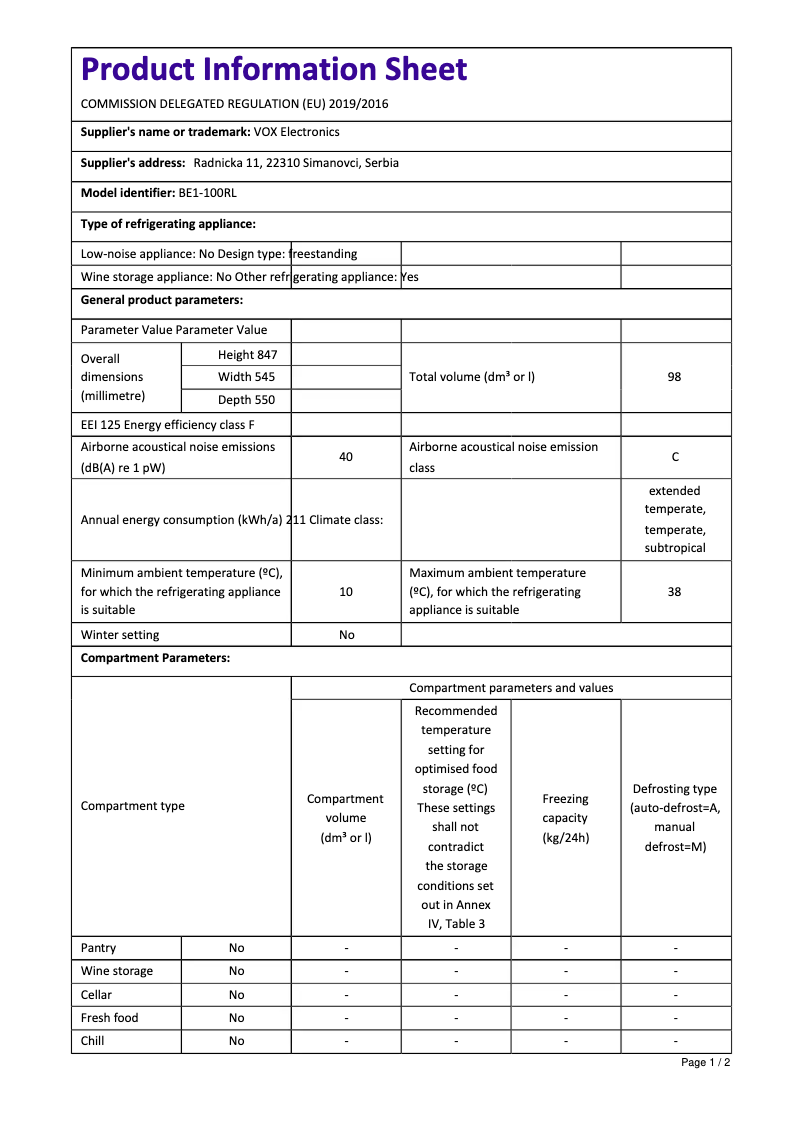 Page 1 de la notice Fiche technique VOX BE1-100RL