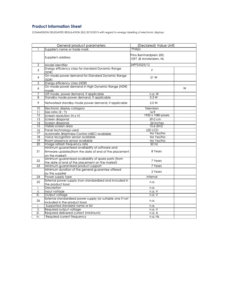 Page 1 of the manual Technical Sheet Philips 24PFS5525
