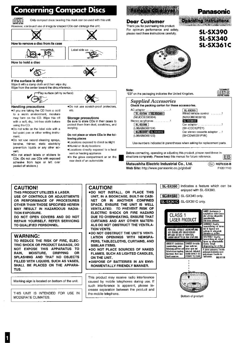 Page 1 de la notice Manuel utilisateur Panasonic SL-SX340