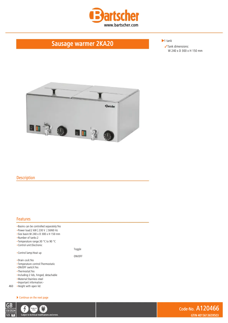 Página 1 del manual Ficha técnica Bartscher 2KA20