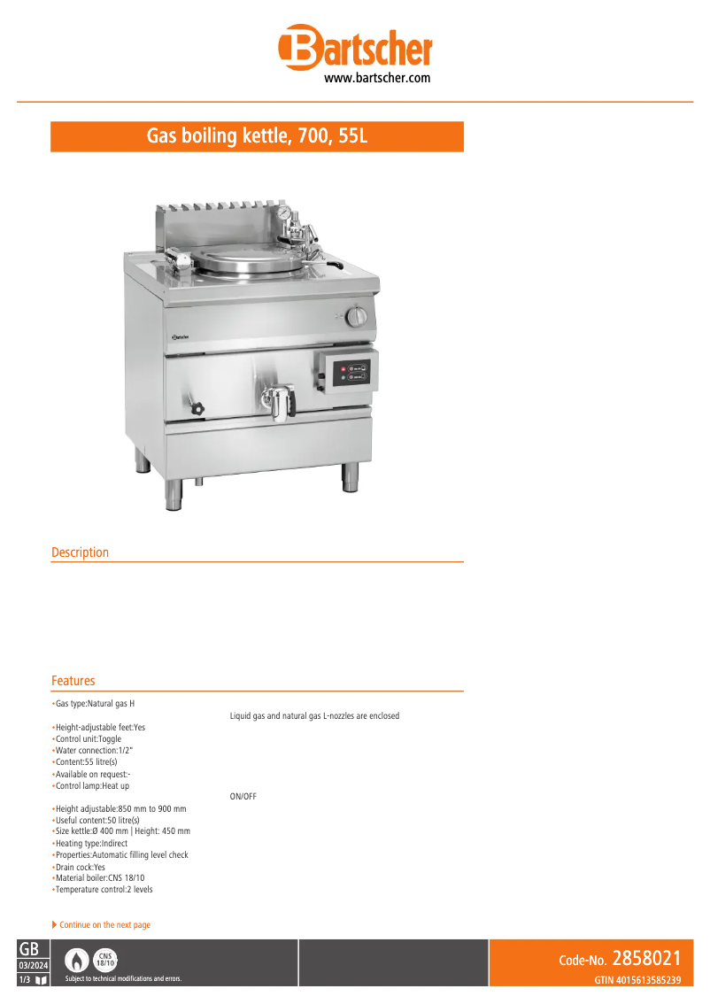 Page 1 de la notice Fiche technique Bartscher 286811