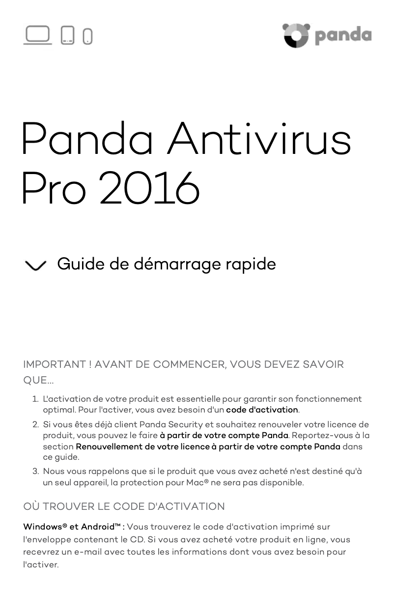 Page 1 de la notice Manuel utilisateur Panda Antivirus Pro 2016