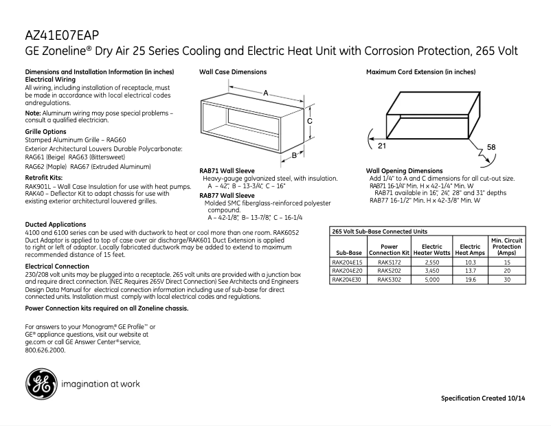 Page 1 of the manual Technical Sheet GE AZ41E07EAP Zoneline