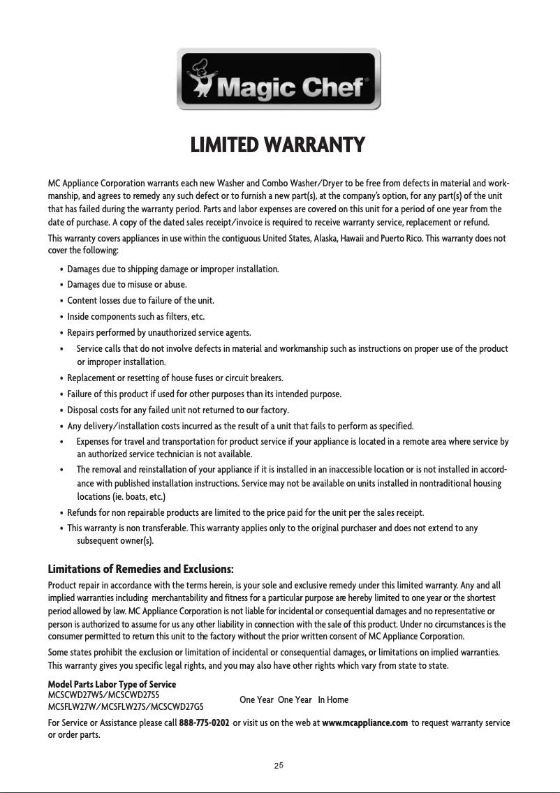 Página 1 del manual Información de garantía Magic Chef MCSCWD27W5
