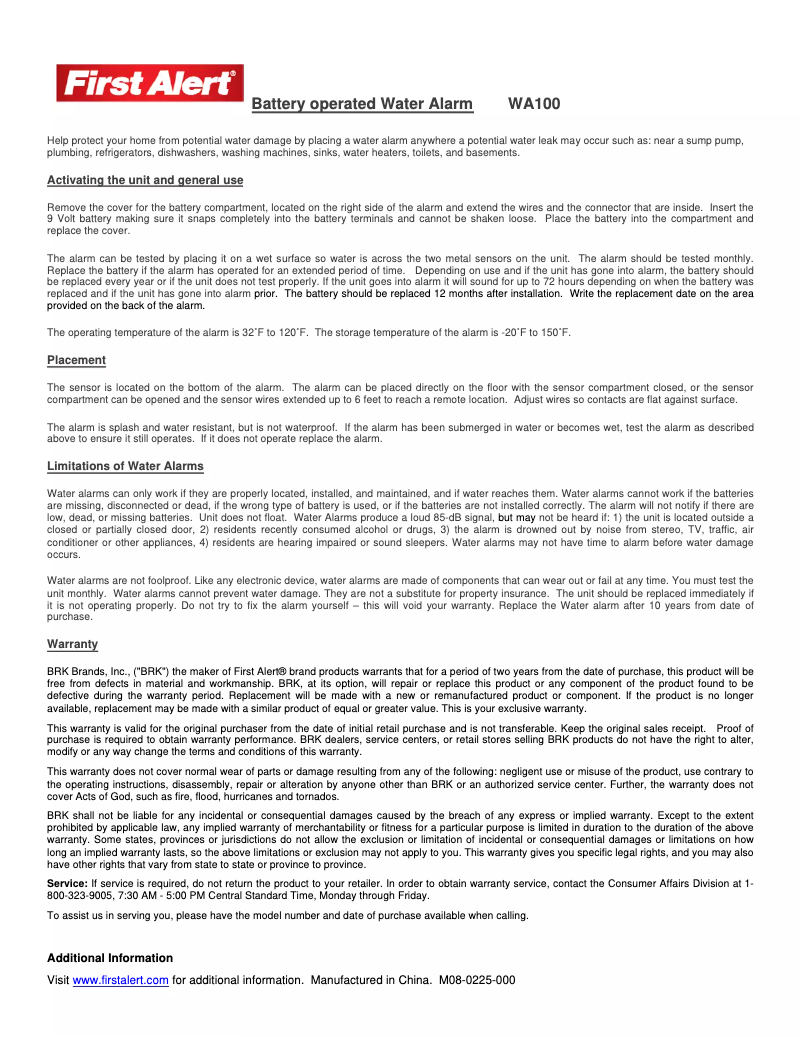 Page 1 de la notice Manuel utilisateur First Alert WA100