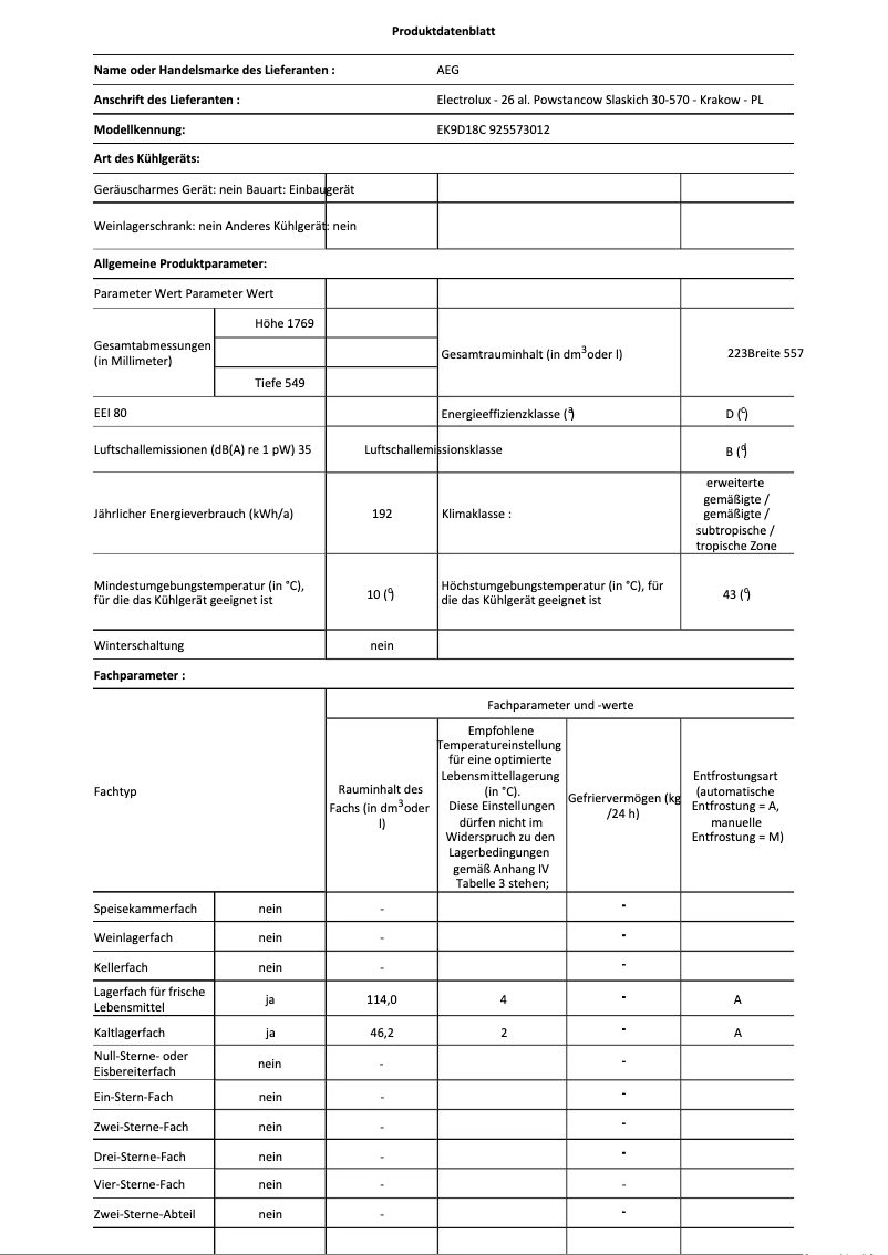 Page 1 de la notice Fiche technique AEG EK9D18C