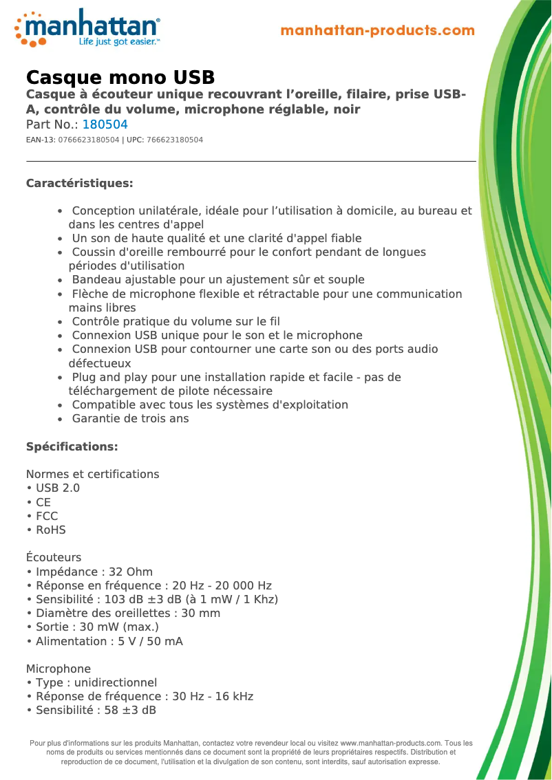 Page 1 de la notice Fiche technique Manhattan 180504