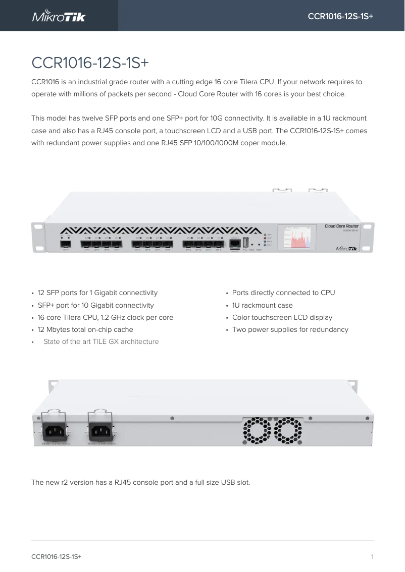 Page 1 de la notice Brochure Mikrotik CCR1016-12S-1S+