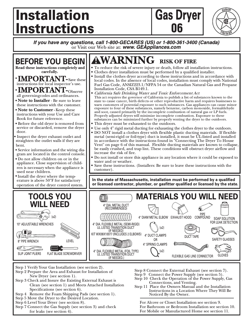 Page 1 of the manual Installation Guide GE EGD4600GWW