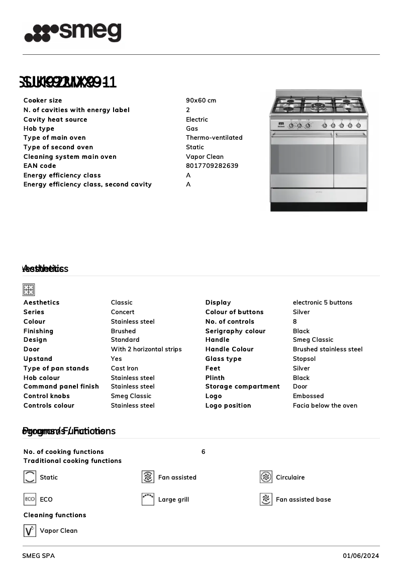 Page 1 de la notice Fiche technique Smeg SUK92MX9