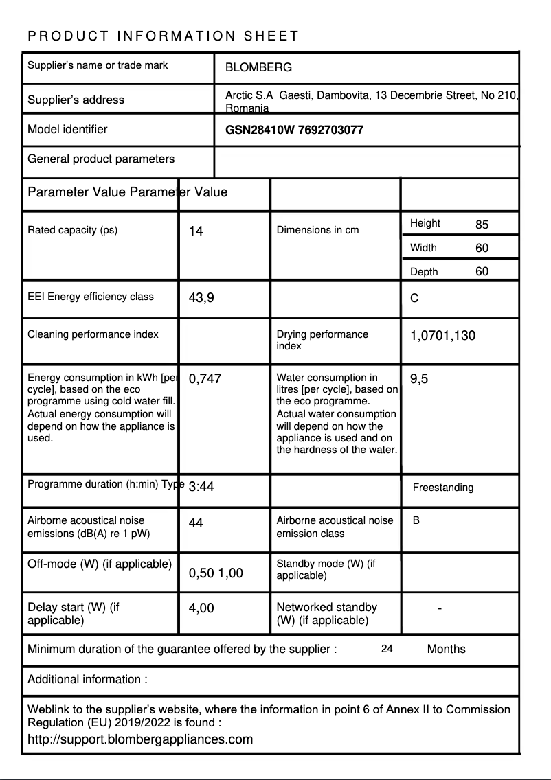 Page 1 de la notice Fiche technique Beko GSN28410W