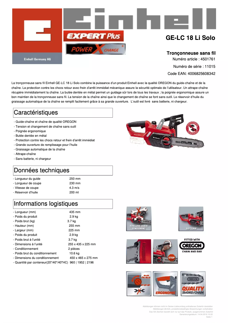 Página 1 del manual Ficha técnica Einhell GE-LC 18/25 Li-Solo