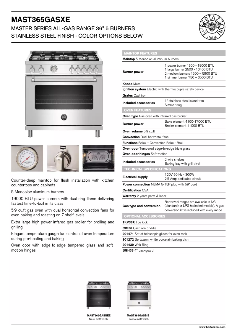 Page 1 de la notice Fiche technique Bertazzoni MAST366GASXTLP