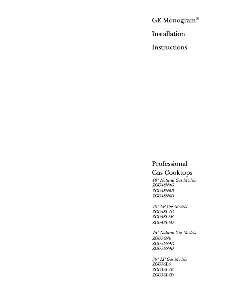Page 1 of the manual Installation Guide GE ZGU36N4DYSS