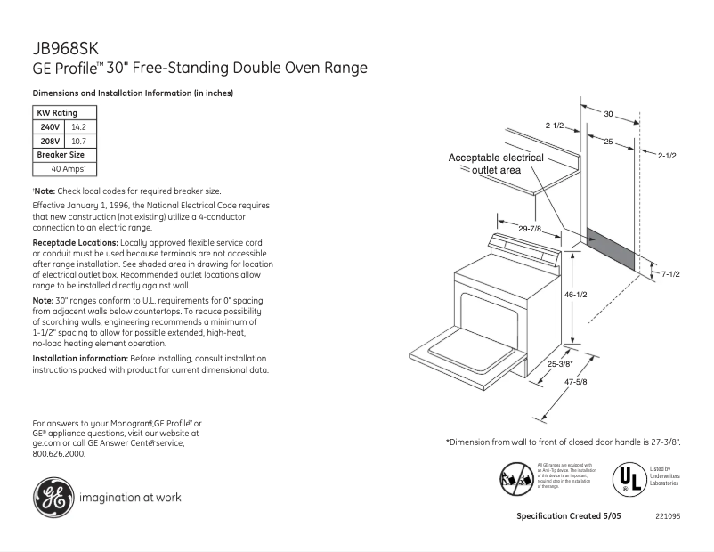 Page 1 of the manual Technical Sheet GE Profile JB968SKSS