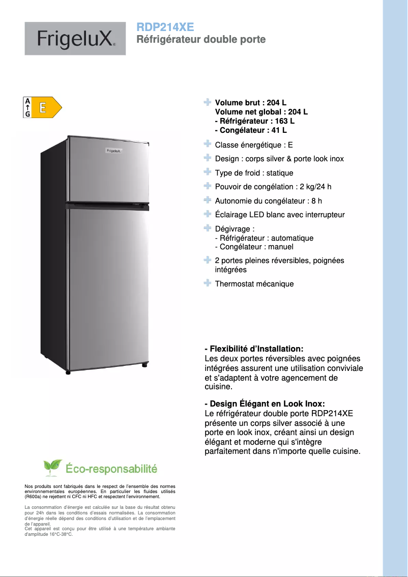 Página 1 del manual Ficha técnica FrigeluX RDP214XE