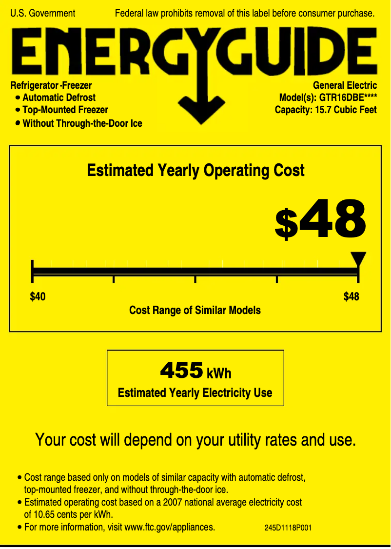 Page n°1 - Label énergétique GE GTR16DBEWW