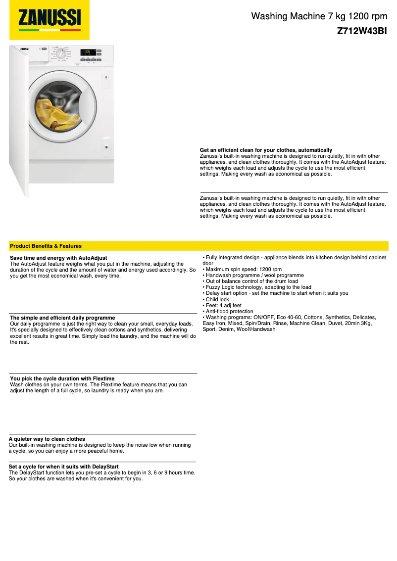 Página 1 del manual Ficha técnica Zanussi Z712W43BI