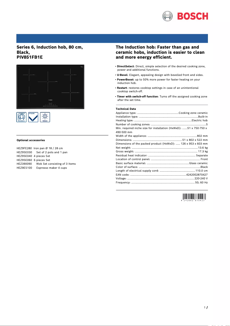 Page 1 of the manual Technical Sheet Bosch PIV851FB1E