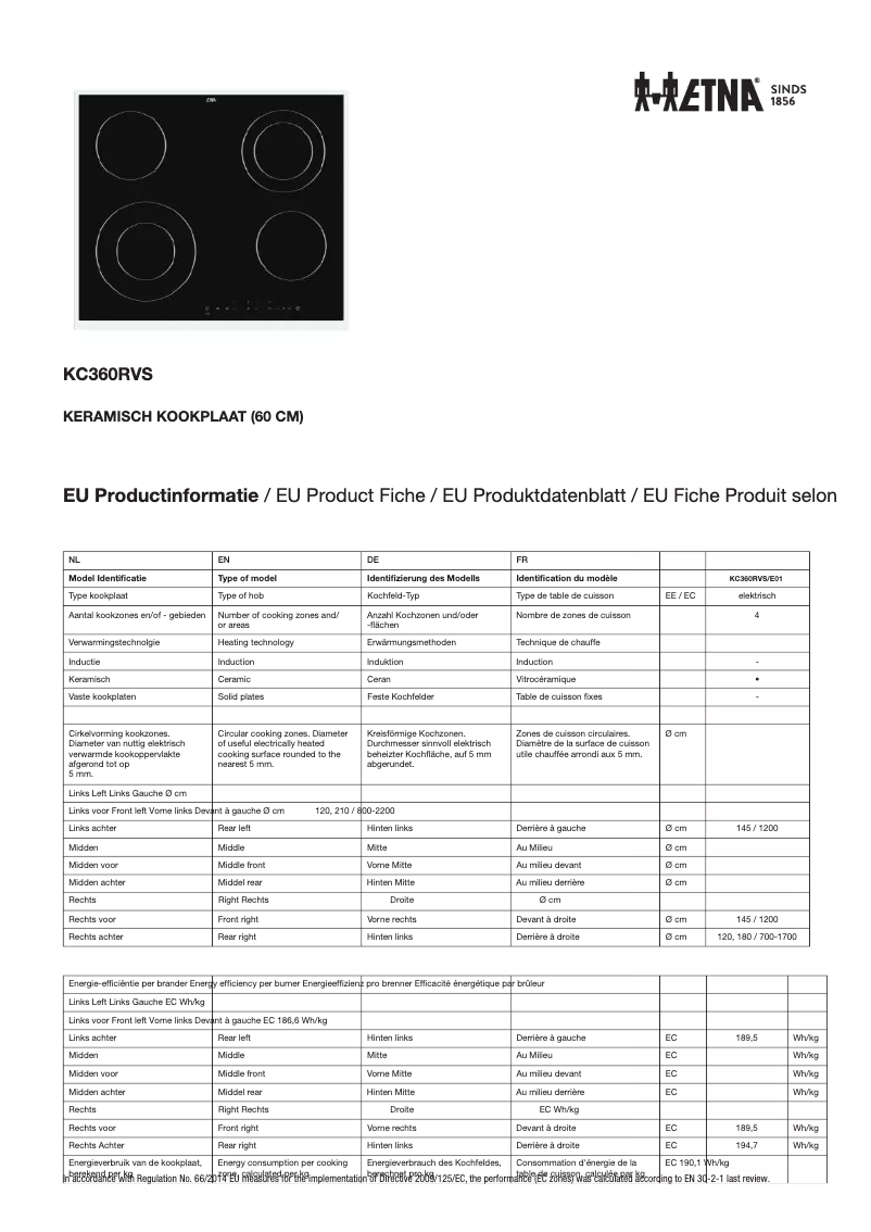 Page 1 de la notice Fiche technique Etna KC360RVS