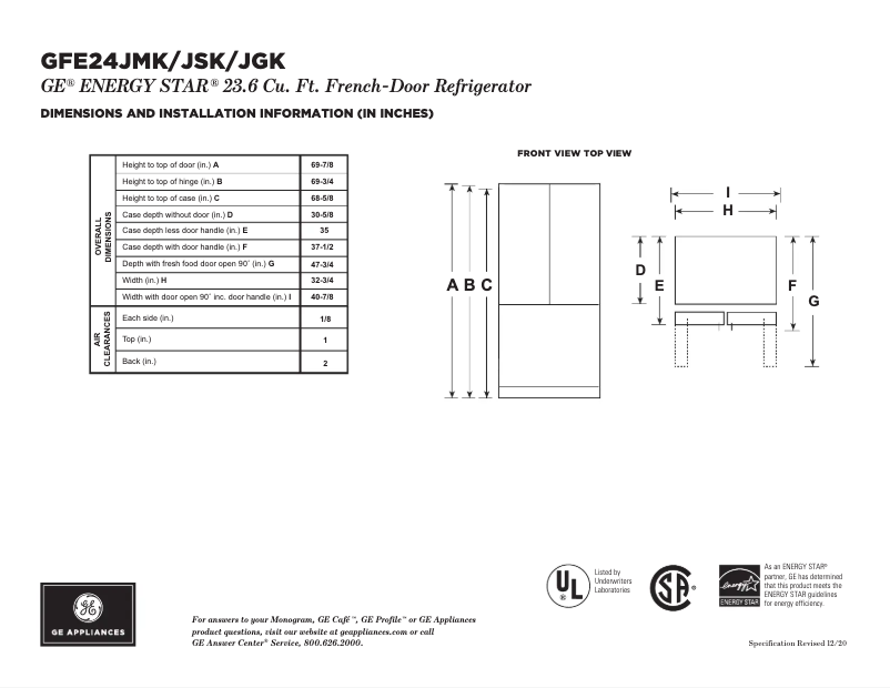 Página 1 del manual Ficha técnica GE GFE24JBLTS