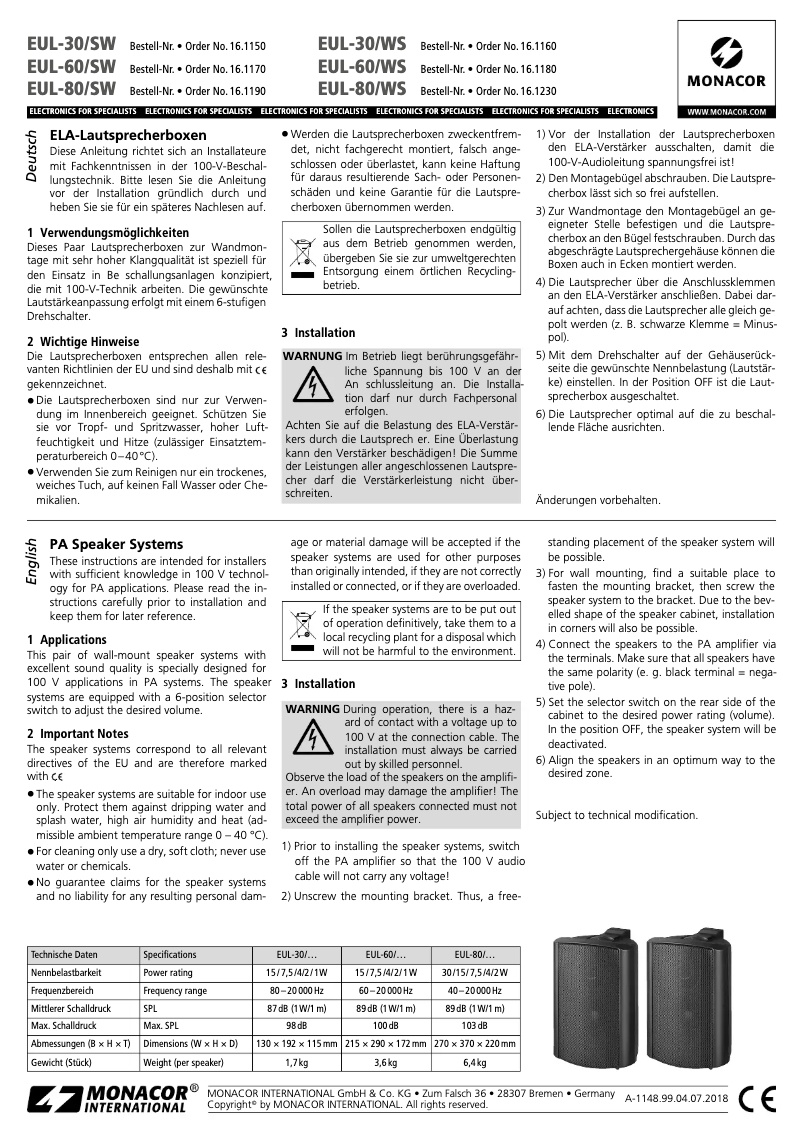 Page 1 de la notice Manuel utilisateur Monacor EUL-30/WS