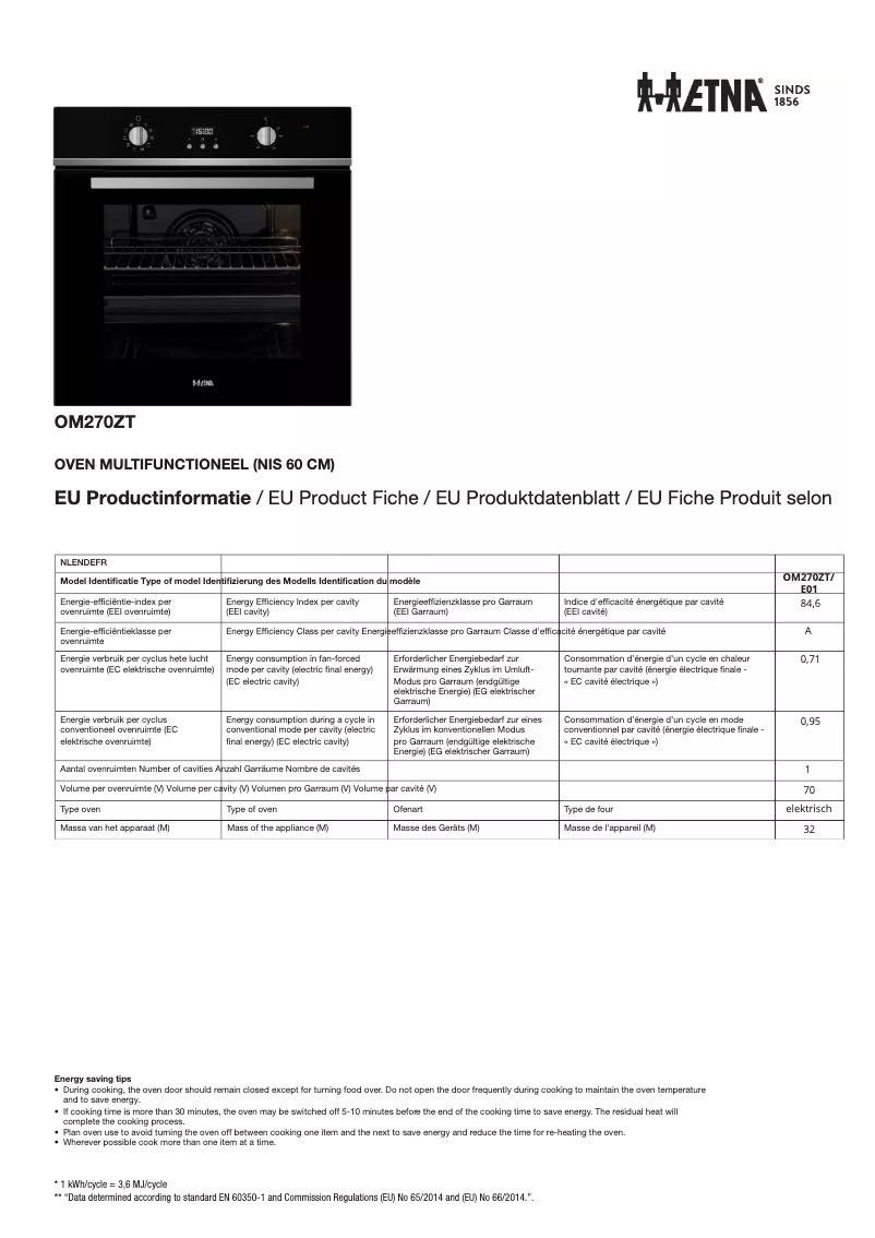 Page 1 de la notice Fiche technique Etna OM270ZT