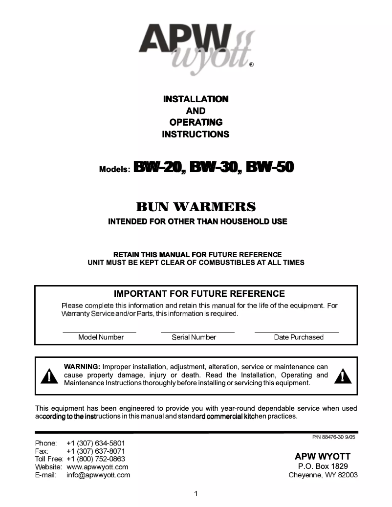 Page 1 de la notice Manuel utilisateur APW Wyott BW-20