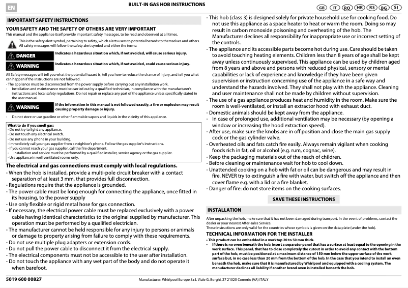 Page 1 de la notice Instructions / montage Whirlpool AKM 394/NA