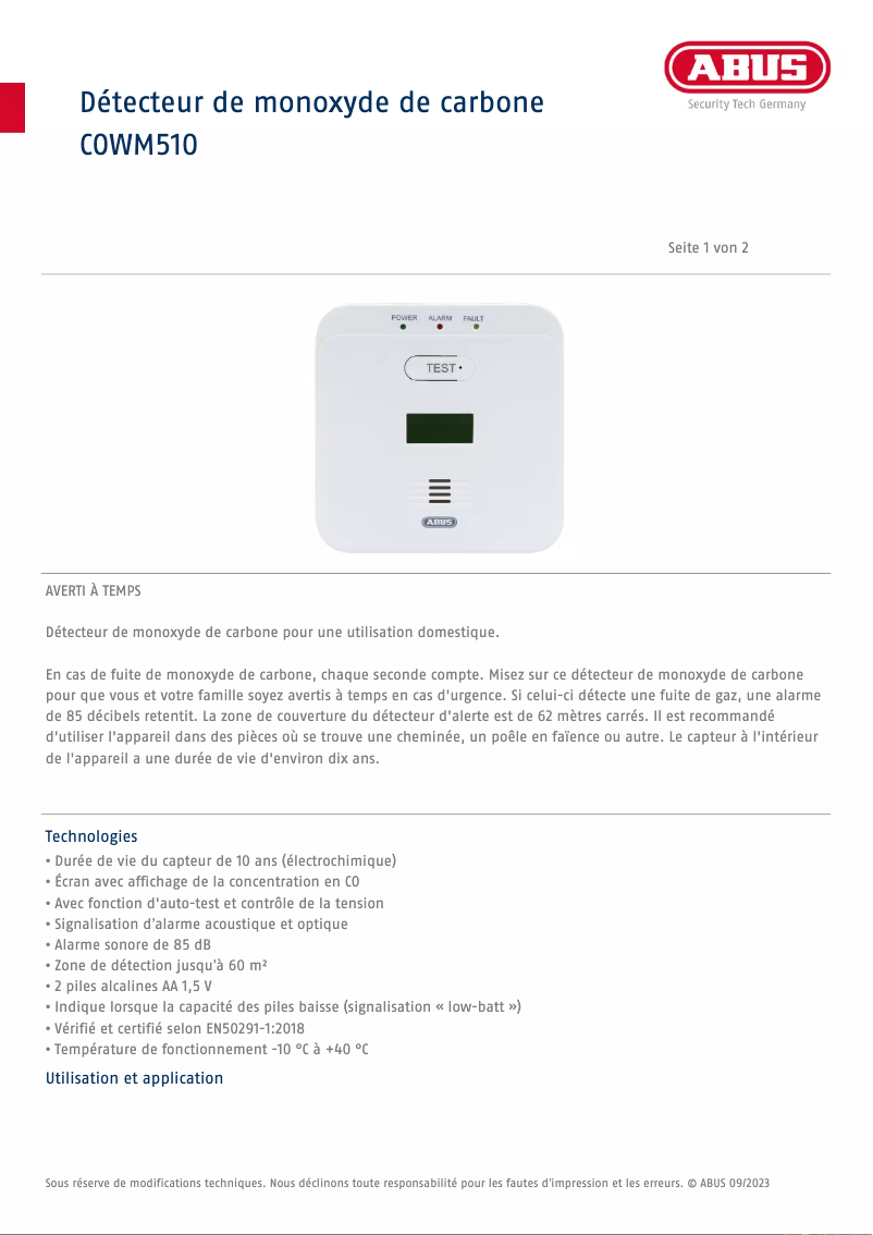Page 1 de la notice Fiche technique Abus COWM510