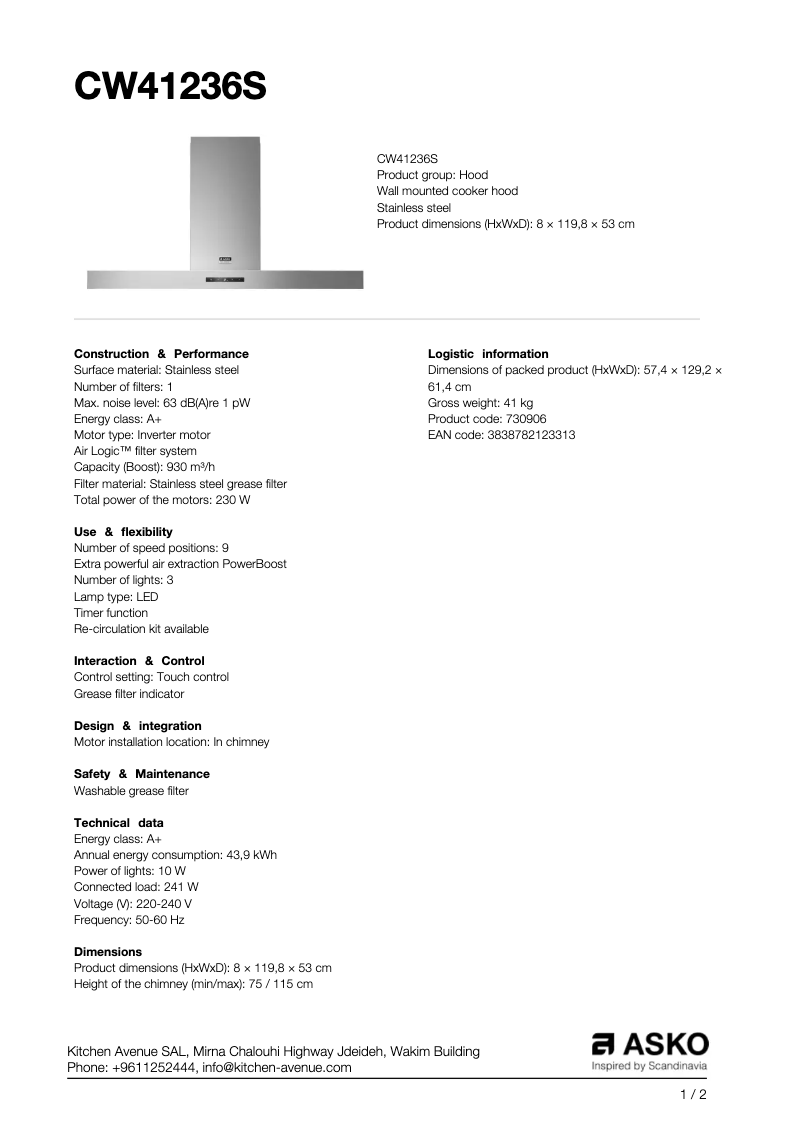 Page 1 de la notice Fiche technique Asko CW41236S