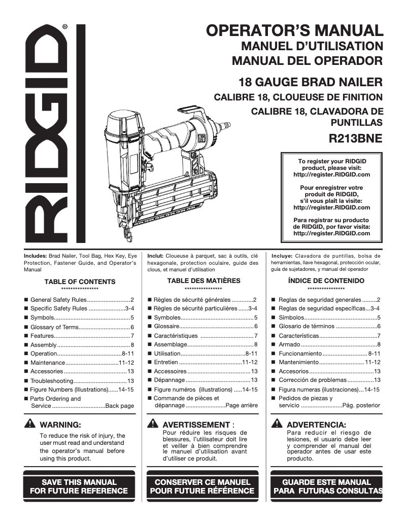 Page 1 of the manual User Manual Ridgid R213BNF
