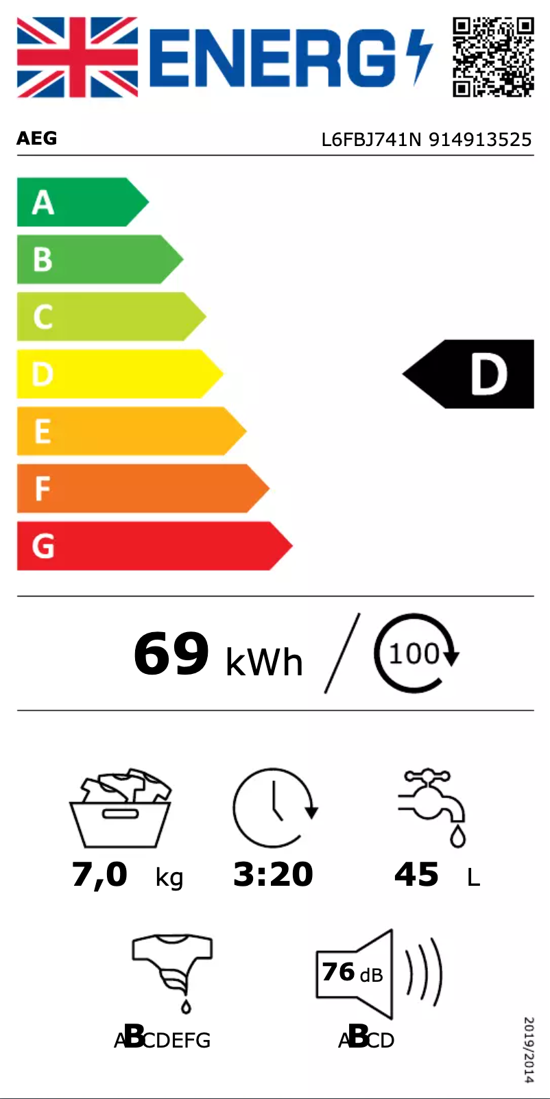Page 1 de la notice Label énergétique AEG L6FBJ741N