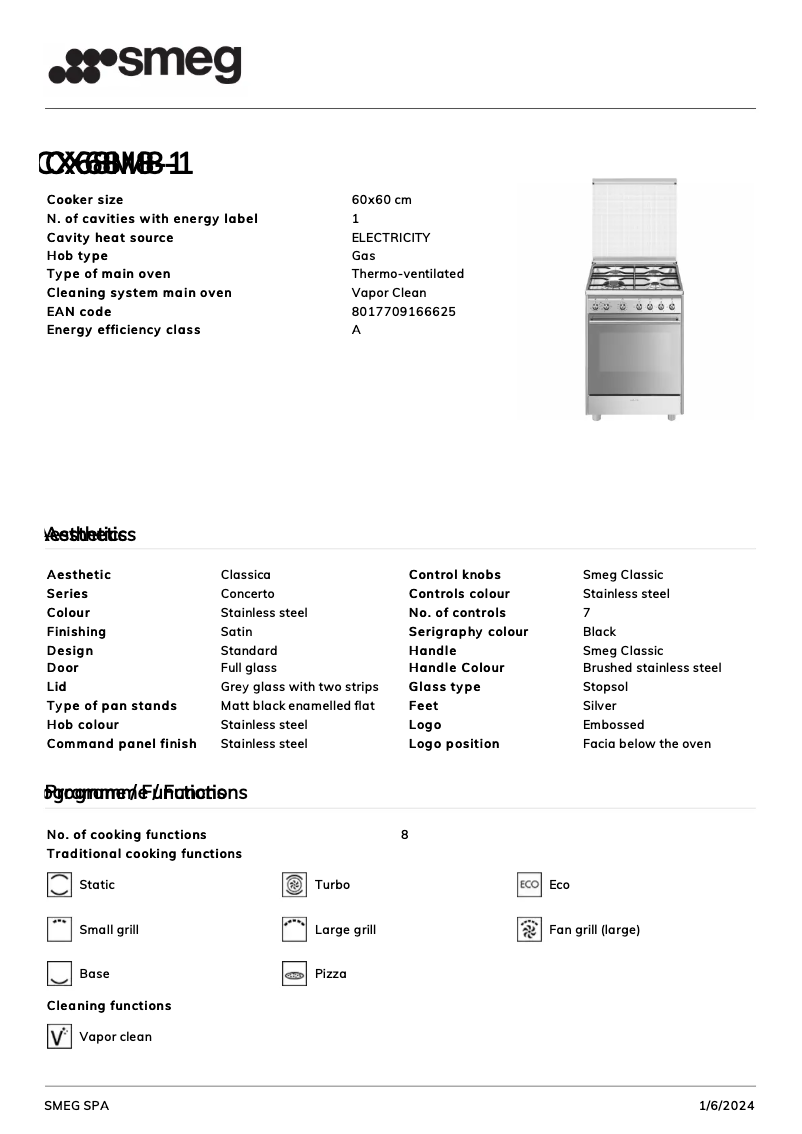 Page 1 de la notice Fiche technique Smeg CX68M8-1