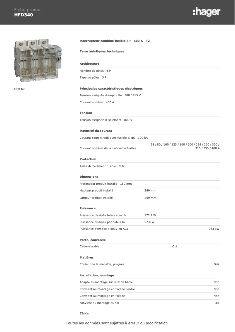 Page 1 de la notice Fiche technique Hager HFD340