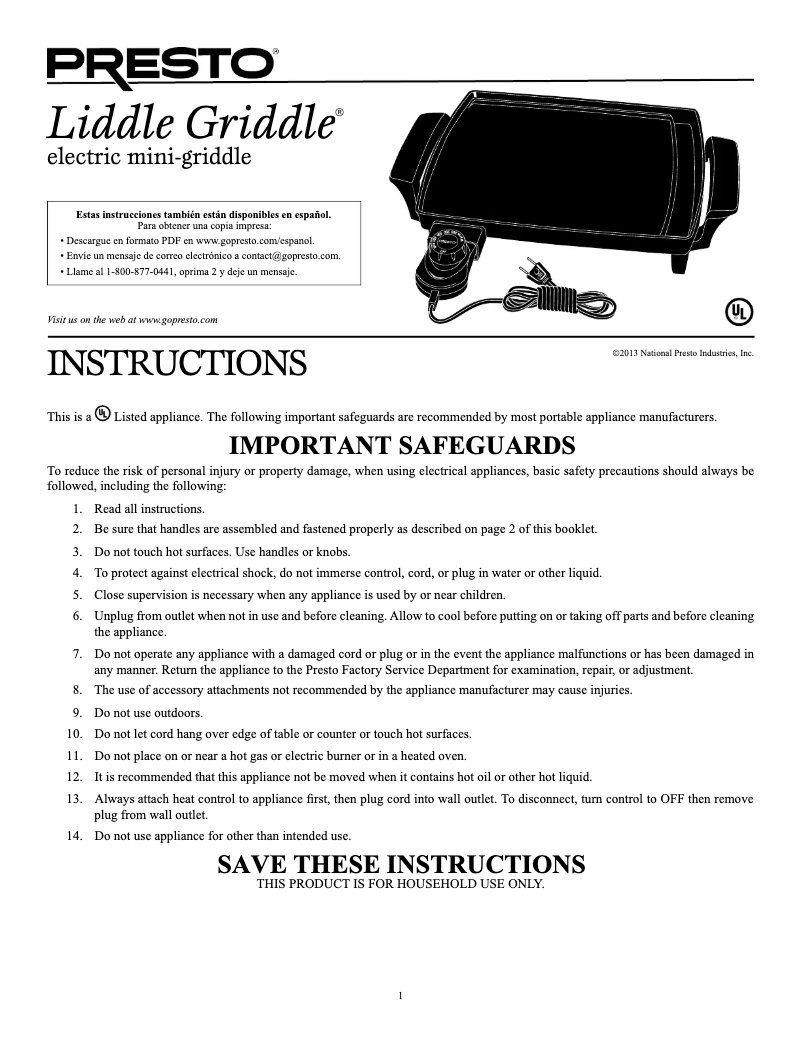 Page 1 de la notice Manuel utilisateur Presto Liddle Griddle 07211