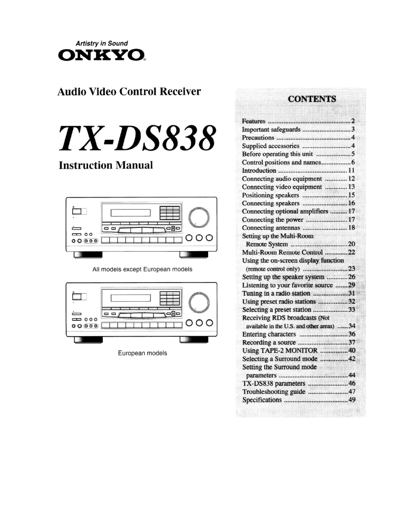 Page 1 de la notice Manuel utilisateur Onkyo TX-DS838