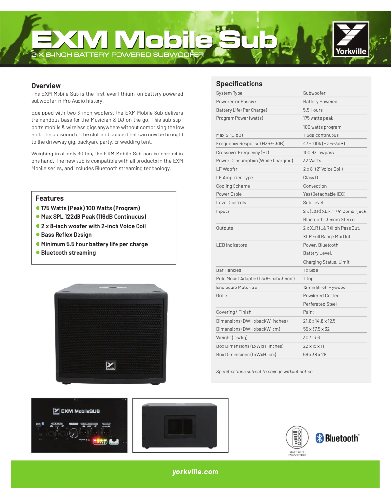 Page 1 de la notice Fiche technique Yorkville EXM Mobile Sub