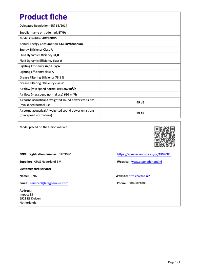 Page 1 de la notice Fiche technique Etna AB290RVS