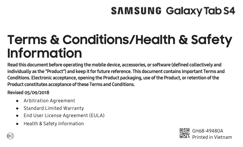 Page 1 de la notice Informations de garantie Samsung Galaxy Tab S4