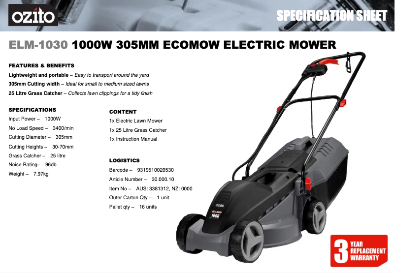 Page 1 de la notice Fiche technique Ozito ELM-1030