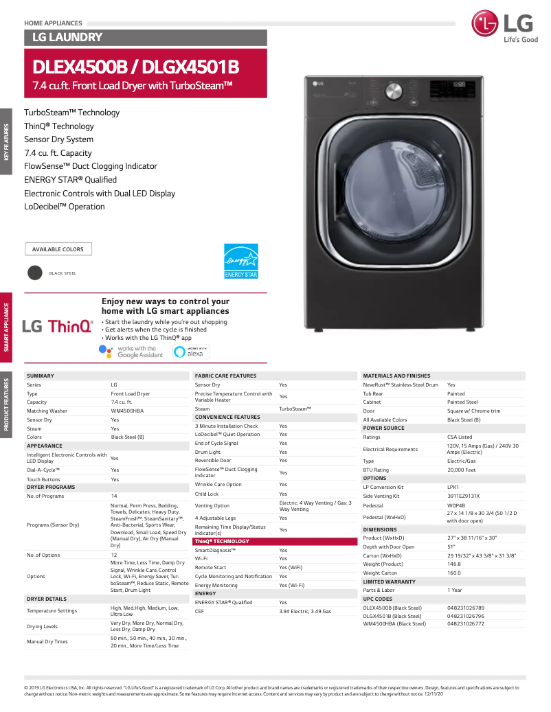 Page 1 de la notice Fiche technique LG DLGX4501B