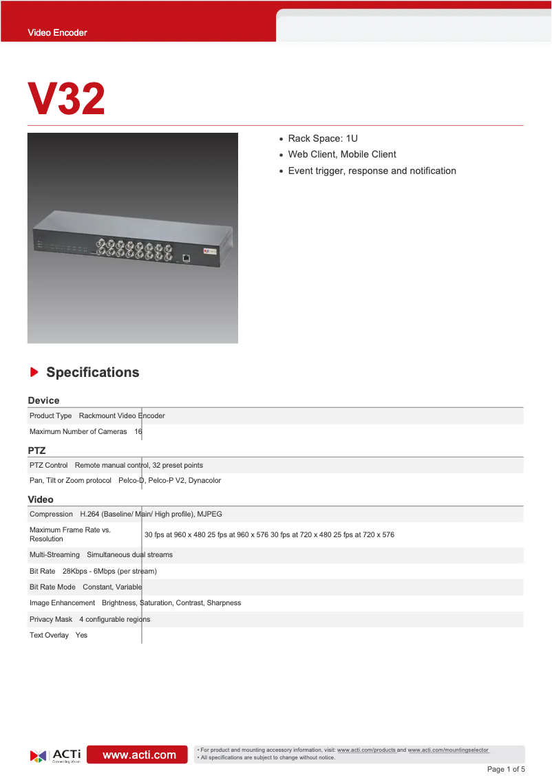 Page 1 de la notice Fiche technique ACTi V32